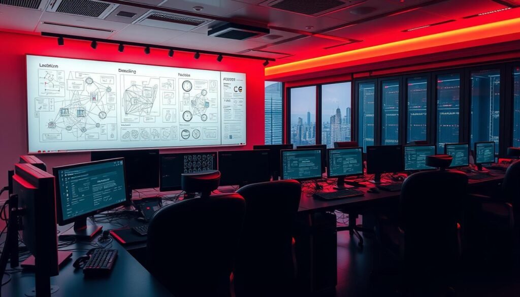 A sleek, modern red team lab environment. In the foreground, a bank of networked workstations with high-resolution monitors, sleek black cases, and ergonomic chairs. On the desks, an array of specialized security tools, cables, and networking hardware. The middle ground features a large whiteboard covered in intricate network diagrams and attack plans, illuminated by track lighting. In the background, a server rack hums softly, its blinking lights casting a soft glow. The room is bathed in a warm, red-tinted light, creating an intense, focused atmosphere. Expansive windows offer a view of a city skyline, underscoring the lab's urban, high-tech setting. The overall impression is one of a well-equipped, professional space dedicated to the art of red teaming and cybersecurity research.