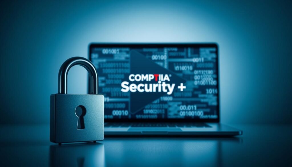 A sleek, modern representation of the CompTIA Security+ certification. In the foreground, a stylized security lock icon commands attention, conveying the core focus on cybersecurity. In the middle ground, a laptop display showcases the CompTIA Security+ logo against a backdrop of binary code and digital patterns, symbolizing the technical expertise required. The background features a subtle gradient of blues and grays, evoking a sense of professionalism and authority in the cybersecurity field. Soft, directional lighting casts strategic shadows, adding depth and dimension to the composition. The overall aesthetic is clean, bold, and visually compelling, reflecting the foundational importance of the CompTIA Security+ certification.