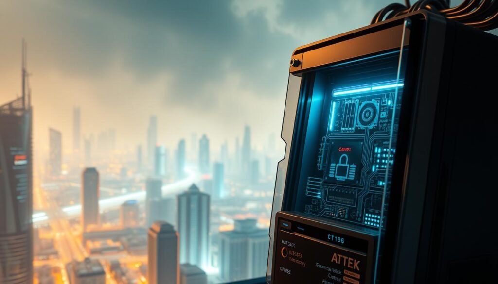 A sleek, modern web application firewall stands at the forefront, its intricate circuits and algorithms visible through a transparent casing. In the middle ground, a network of connected devices and servers are shielded by a shimmering, translucent barrier, protecting them from malicious cyber threats. The background is hazy, with a cityscape of towering skyscrapers and glowing data centers, conveying the sense of a bustling, technology-driven world that requires robust security measures. The scene is illuminated by a warm, soft light, creating a sense of reassurance and trust in the protective capabilities of the web application firewall.