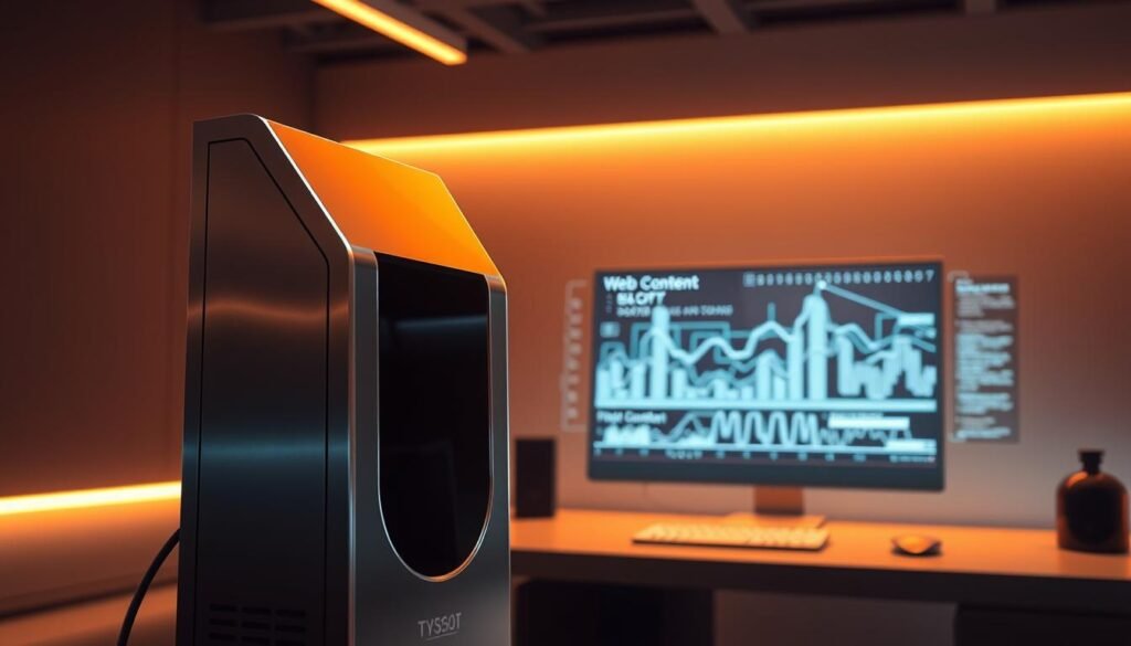 A sleek, modern web content scanner stands prominently in the foreground, its metallic exterior gleaming under a warm, directional lighting. In the middle ground, a series of intricate lines and graphs representing network data flows across a stylized computer display. The background features a sophisticated, minimalist workspace with clean lines and a muted color palette, creating a professional, tech-savvy atmosphere. The overall scene conveys a sense of efficiency, security, and advanced digital analysis capabilities, perfectly capturing the essence of a powerful web content scanning tool.