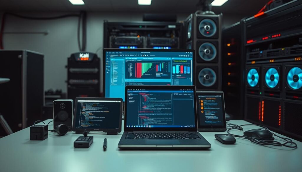 A sleek, modern workstation with Kali Linux essential hacking tools arranged neatly on the surface. In the foreground, a high-resolution display showcases a selection of popular penetration testing utilities like Metasploit, Nmap, and Wireshark. The middle ground features a powerful laptop running Kali, its screen displaying a network analysis dashboard. In the background, a sophisticated rack-mounted server system with blinking LEDs and cooling fans, symbolizing the infrastructure powering the hacking environment. The scene is illuminated by a combination of diffused studio lighting and the soft glow of the electronic devices, creating an atmosphere of focused professionalism and technical prowess. A sleek, modern workstation with Kali Linux essential hacking tools arranged neatly on the surface. In the foreground, a high-resolution display showcases a selection of popular penetration testing utilities like Metasploit, Nmap, and Wireshark. The middle ground features a powerful laptop running Kali, its screen displaying a network analysis dashboard. In the background, a sophisticated rack-mounted server system with blinking LEDs and cooling fans, symbolizing the infrastructure powering the hacking environment. The scene is illuminated by a combination of diffused studio lighting and the soft glow of the electronic devices, creating an atmosphere of focused professionalism and technical prowess.