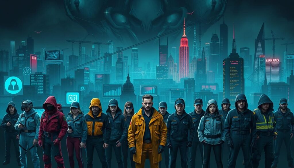 A stylized, detailed scene depicting 16 distinct cybersecurity roles. In the foreground, figures in diverse uniforms and attire symbolize the varied positions, from penetration testers and security analysts to incident responders and compliance managers. The middle ground features a complex digital landscape of screens, networks, and data flows, conveying the technical aspects of the field. In the background, an ominous, dystopian cityscape suggests the high-stakes, ever-evolving nature of cybersecurity challenges. The scene is rendered with a moody, high-contrast palette and dramatic lighting, emphasizing the gravity and importance of the roles on display.