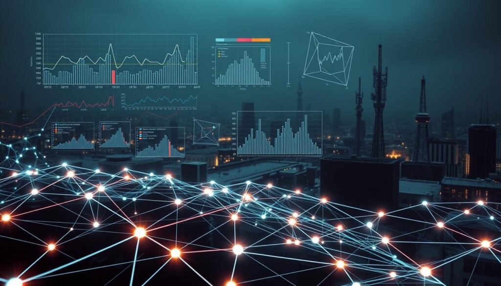 A stylized visualization of statistical methods for detecting network anomalies. In the foreground, a sleek network graph pulses with data streams, nodes representing network devices. Overlaid are geometric visualizations - line charts, scatter plots, histograms - illustrating statistical analysis techniques like outlier detection, time series analysis, and anomaly classification. The middle ground features elegant data visualizations, color-coded indicators, and abstract data structures. In the background, a minimalist cityscape of server towers and communication masts, conveying the scale and complexity of modern networks. Cinematic lighting casts dramatic shadows, creating a sense of analytical depth and technical sophistication. A stylized visualization of statistical methods for detecting network anomalies. In the foreground, a sleek network graph pulses with data streams, nodes representing network devices. Overlaid are geometric visualizations - line charts, scatter plots, histograms - illustrating statistical analysis techniques like outlier detection, time series analysis, and anomaly classification. The middle ground features elegant data visualizations, color-coded indicators, and abstract data structures. In the background, a minimalist cityscape of server towers and communication masts, conveying the scale and complexity of modern networks. Cinematic lighting casts dramatic shadows, creating a sense of analytical depth and technical sophistication.