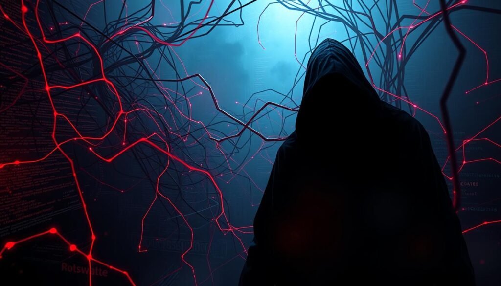 A swirling, chaotic network of malicious code, dark tendrils of data snaking across a digital landscape. Ominous hues of crimson and obsidian, with jagged lines and glitching, pulsating forms. In the foreground, a sinister, faceless entity - a shadowy representation of the malware itself, its malevolent presence looming large. Diffuse, ethereal lighting casts an unsettling glow, as if the scene is being viewed through a hazy, unsettled lens. The overall atmosphere is one of tension, foreboding, and the unseen dangers lurking within the network traffic. A swirling, chaotic network of malicious code, dark tendrils of data snaking across a digital landscape. Ominous hues of crimson and obsidian, with jagged lines and glitching, pulsating forms. In the foreground, a sinister, faceless entity - a shadowy representation of the malware itself, its malevolent presence looming large. Diffuse, ethereal lighting casts an unsettling glow, as if the scene is being viewed through a hazy, unsettled lens. The overall atmosphere is one of tension, foreboding, and the unseen dangers lurking within the network traffic.