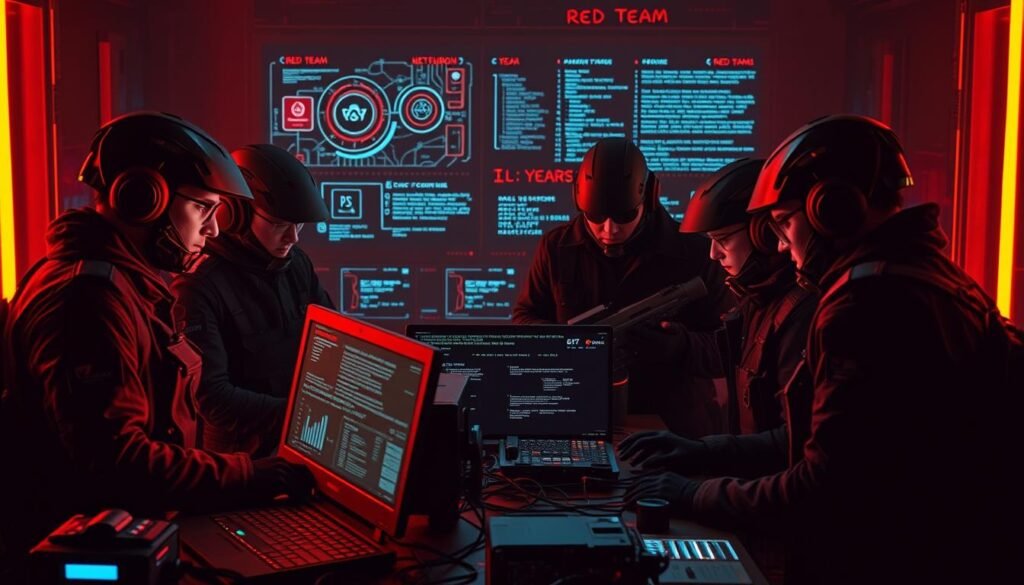 A team of cybersecurity experts, clad in sleek black uniforms, huddle around a dimly lit command center. Tactical gear and advanced equipment litter the workspace, casting an ominous glow under the warm, amber lighting. Holographic displays showcase intricate network diagrams and lines of code, as the red team strategizes their next offensive move against the target. Tension fills the air, their expressions focused and determined, ready to outsmart and outmaneuver the opposing blue team. The scene exudes a sense of power, expertise, and a relentless pursuit of uncovering vulnerabilities in the cybersecurity landscape.