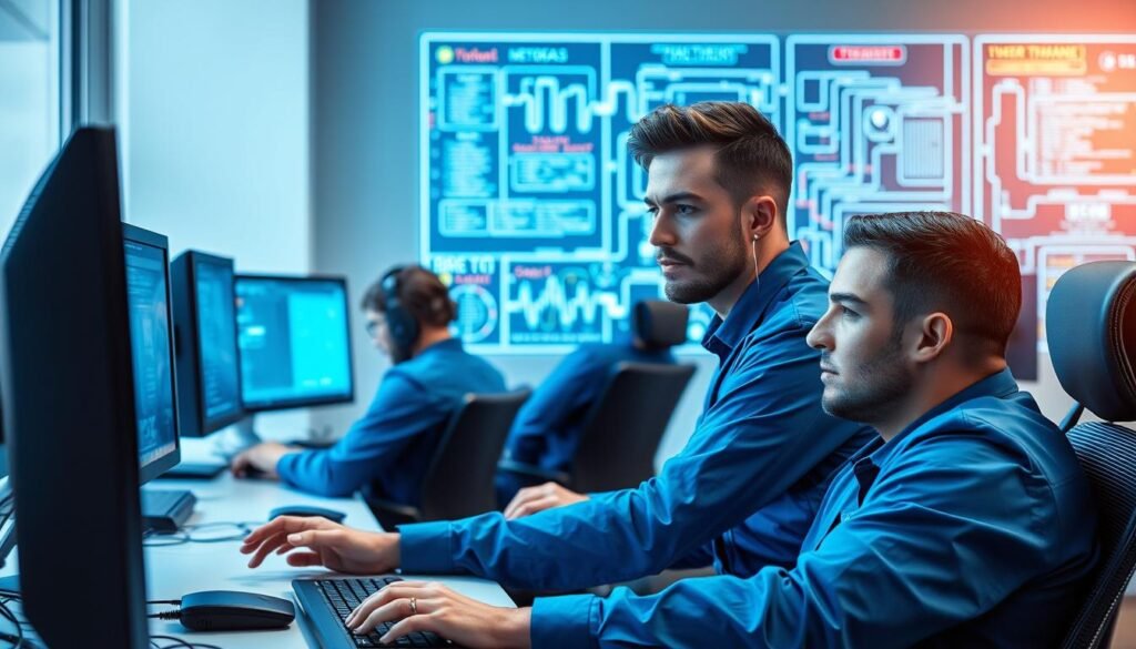A team of cybersecurity professionals dressed in blue uniforms, working diligently at their desks in a well-lit, modern office. In the foreground, a network engineer closely examines a computer screen, fingers flying across the keyboard. In the middle ground, an incident response analyst reviews threat logs on multiple monitors, brow furrowed in concentration. The background showcases a large, interactive digital whiteboard where the blue team collaborates, mapping out defensive strategies and analyzing network traffic patterns. The room has a calm, focused atmosphere, conveying the blue team's role in proactively safeguarding the organization's digital assets.