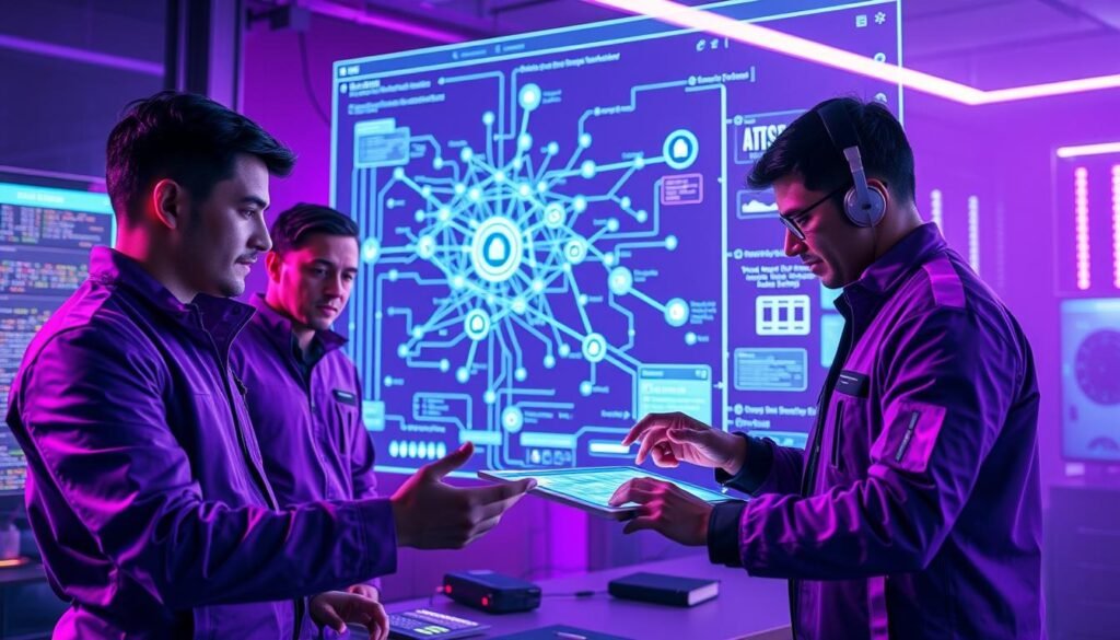 A team of cybersecurity professionals in a stylized, neon-lit workspace, working collaboratively on a complex network diagram projected onto a large holographic display. In the foreground, two analysts in sleek, purple-accented uniforms review data streams and code, their expressions focused yet collaborative. In the middle ground, a security engineer in a matching uniform integrates new security protocols into the system, their hands dancing across a touchscreen interface. In the background, the room is bathed in a soft, violet glow, creating an atmosphere of intense, yet harmonious, activity. The scene conveys the power of the "purple team" approach, where red and blue team members work in tandem to strengthen an organization's cybersecurity posture.