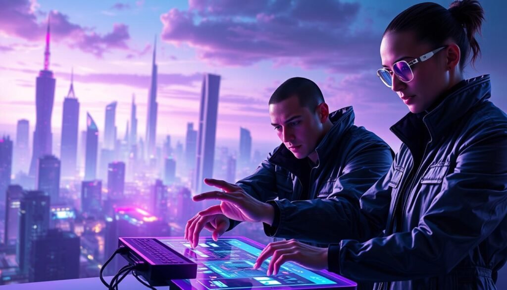 A vibrant, futuristic landscape depicting the best practices of purple teaming in cybersecurity. In the foreground, a team of experts in sleek, technical attire collaborates over a holographic display, their expressions focused and intense. The middle ground features state-of-the-art cybersecurity tools and equipment, glowing with an ethereal, violet hue. In the background, a cityscape of towering, hyper-modern structures serves as a backdrop, bathed in a captivating, twilight-inspired palette. The scene conveys a sense of innovation, teamwork, and the cutting edge of cybersecurity practices.