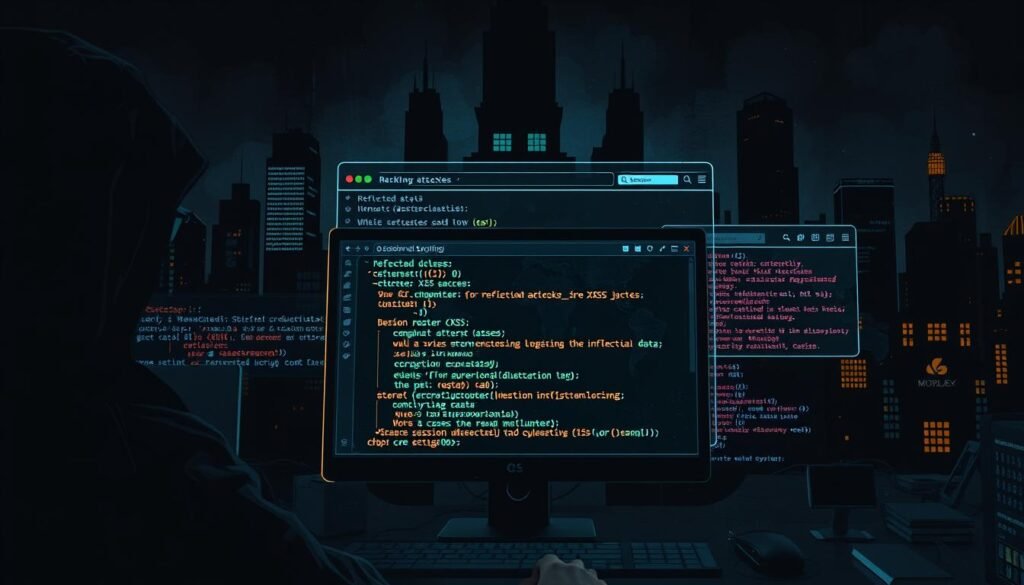 A visually striking digital illustration depicting various types of cross-site scripting (XSS) attacks. In the foreground, a hacker's computer screen displays different XSS exploit codes, from reflected and stored to DOM-based. In the middle ground, a stylized web browser window showcases the results of these attacks, such as unauthorized data access, session hijacking, and malicious script execution. The background features a dark, ominous cityscape, symbolizing the shadowy world of cybersecurity threats. The overall mood is one of techno-dystopian unease, highlighting the seriousness and complexity of XSS vulnerabilities. Rendered in a gritty, high-contrast style with a cinematic lighting setup. A visually striking digital illustration depicting various types of cross-site scripting (XSS) attacks. In the foreground, a hacker's computer screen displays different XSS exploit codes, from reflected and stored to DOM-based. In the middle ground, a stylized web browser window showcases the results of these attacks, such as unauthorized data access, session hijacking, and malicious script execution. The background features a dark, ominous cityscape, symbolizing the shadowy world of cybersecurity threats. The overall mood is one of techno-dystopian unease, highlighting the seriousness and complexity of XSS vulnerabilities. Rendered in a gritty, high-contrast style with a cinematic lighting setup.