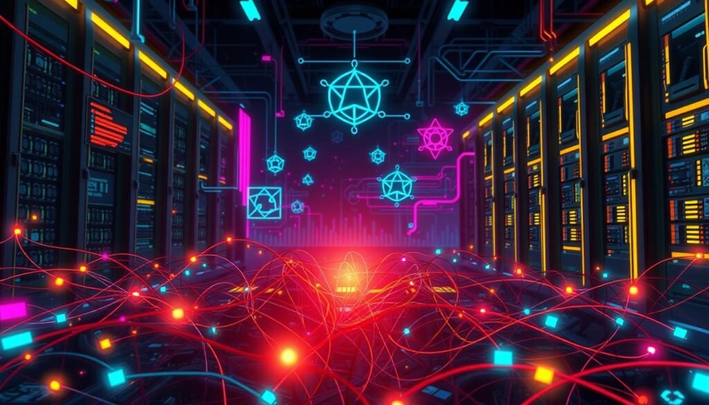 A visually striking illustration of common network anomalies. In the foreground, a tangled web of colorful data packets and network signals, representing the diverse types of anomalies like unusual traffic patterns, suspicious login attempts, and unauthorized access. The middle ground features simplified geometric shapes and symbols, symbolizing the analytical tools and security protocols used to detect these anomalies. The background is a moody, cyberpunk-inspired landscape of glowing circuits, server racks, and holographic displays, conveying the complex, high-stakes nature of network security. The lighting is dramatic, with sharp contrasts and neon accents to heighten the sense of urgency and importance. The overall composition is dynamic and visually engaging, drawing the viewer's eye through the various layers of the image. A visually striking illustration of common network anomalies. In the foreground, a tangled web of colorful data packets and network signals, representing the diverse types of anomalies like unusual traffic patterns, suspicious login attempts, and unauthorized access. The middle ground features simplified geometric shapes and symbols, symbolizing the analytical tools and security protocols used to detect these anomalies. The background is a moody, cyberpunk-inspired landscape of glowing circuits, server racks, and holographic displays, conveying the complex, high-stakes nature of network security. The lighting is dramatic, with sharp contrasts and neon accents to heighten the sense of urgency and importance. The overall composition is dynamic and visually engaging, drawing the viewer's eye through the various layers of the image.