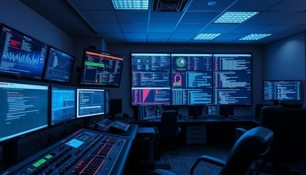 A well-lit and organized security operations center, with multiple monitors displaying real-time data from various security monitoring tools. In the foreground, a command console with an array of switches, knobs, and input devices, conveying a sense of active monitoring and control. The middle ground features a large video wall displaying network traffic, threat intelligence, and security event logs. The background showcases a clean, minimalist design with subdued lighting, creating a professional and focused atmosphere suitable for a high-security environment. The overall scene suggests a comprehensive, state-of-the-art security monitoring setup, ready to detect and respond to potential threats.