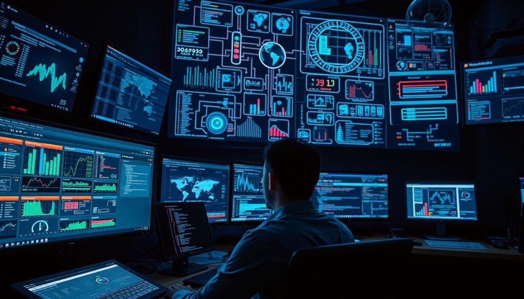 A well-lit, high-resolution image of a modern security operations center, featuring an array of SIEM (Security Information and Event Management) tools displayed on multiple large screens. In the foreground, a security analyst intently examines the dashboards, monitoring for potential threats. The middle ground showcases the interconnected nature of these tools, with data flows and visualizations illustrating their integrations. In the background, a dark, moody atmosphere evokes the seriousness of the task at hand, with subdued lighting and a sense of urgency. The overall scene conveys the importance of leveraging SIEM solutions for effective threat detection and response by security teams. A well-lit, high-resolution image of a modern security operations center, featuring an array of SIEM (Security Information and Event Management) tools displayed on multiple large screens. In the foreground, a security analyst intently examines the dashboards, monitoring for potential threats. The middle ground showcases the interconnected nature of these tools, with data flows and visualizations illustrating their integrations. In the background, a dark, moody atmosphere evokes the seriousness of the task at hand, with subdued lighting and a sense of urgency. The overall scene conveys the importance of leveraging SIEM solutions for effective threat detection and response by security teams.