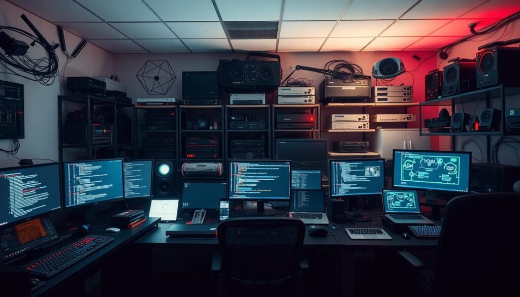 A well-lit, meticulously organized red team lab workspace. In the foreground, an array of sophisticated hacking tools and software - penetration testing frameworks, network sniffers, vulnerability scanners, and secure virtual machines. In the middle ground, high-performance desktops and laptops, their screens displaying lines of code and network diagrams. The background showcases a diverse collection of networking equipment - routers, switches, firewalls, and wireless access points - all strategically arranged to enable realistic attack simulations. The lighting is a balanced mix of task-focused desk lamps and ambient overhead illumination, creating a focused, professional atmosphere. The camera angle is slightly elevated, providing a comprehensive view of the comprehensive setup, conveying the lab's technical capabilities and attention to detail.