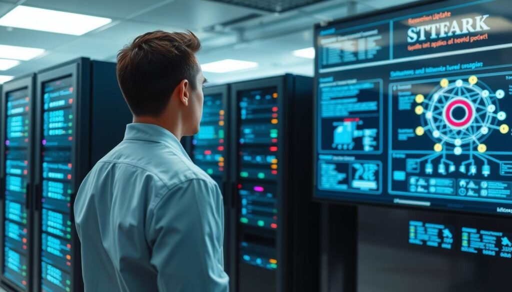 A well-lit server room with multiple racks of state-of-the-art servers humming softly. The servers' LED indicator lights blink rhythmically, signaling active data processing. In the foreground, a technician in a crisp, clean uniform stands before a sleek, minimalist control panel, carefully monitoring system updates and security patches being applied across the infrastructure. The background features a large, high-resolution display showing detailed server performance metrics and a network diagram, providing a comprehensive overview of the system's health and security status. The lighting is bright yet soothing, creating a professional, efficient atmosphere in the server room.
