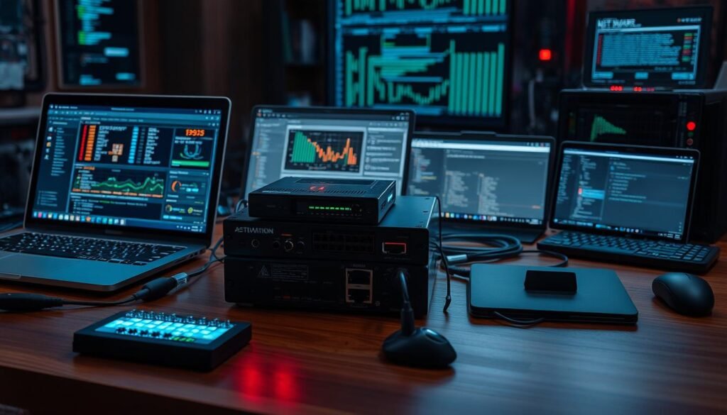 A well-lit tabletop showcasing a collection of state-of-the-art port scanning tools, including a sleek laptop displaying a network analysis dashboard, a sophisticated hardware scanner device, and an array of specialized software applications. The scene conveys a sense of technical proficiency and attention to detail, with carefully positioned lighting highlighting the contours and features of the equipment. The overall atmosphere suggests a controlled, professional environment dedicated to understanding and securing network infrastructure.