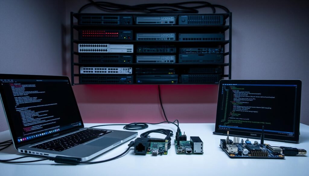 A well-lit workbench showcases an array of ethical hacking tools, including a laptop with terminal windows, a USB network adapter, a wireless network sniffer, and a Raspberry Pi loaded with penetration testing software. In the background, a minimalist wall-mounted rack displays an array of networking hardware like routers, switches, and firewalls. The scene conveys a sense of focus and technical proficiency, with a muted color palette and clean, modern design elements that evoke a professional, lab-like atmosphere.