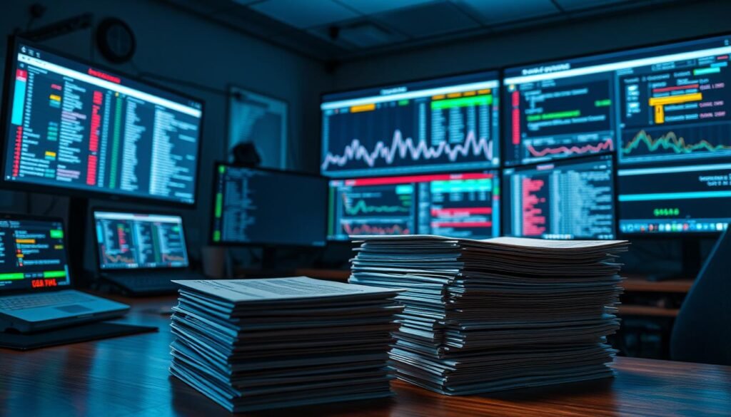 A well-lit workspace with an array of SIEM (Security Information and Event Management) tools and systems displayed on multiple monitors. In the foreground, a stack of server logs and configuration files, neatly organized on a wooden desk. The background features a large, high-resolution display showing a real-time visualization of network traffic and security events, with lines and graphs providing insights into the integrated data. The lighting is soft and directional, creating a sense of focus and professionalism. The overall scene conveys the seamless integration of logs and SIEM tools, enabling comprehensive threat detection and analysis for a blue team. A well-lit workspace with an array of SIEM (Security Information and Event Management) tools and systems displayed on multiple monitors. In the foreground, a stack of server logs and configuration files, neatly organized on a wooden desk. The background features a large, high-resolution display showing a real-time visualization of network traffic and security events, with lines and graphs providing insights into the integrated data. The lighting is soft and directional, creating a sense of focus and professionalism. The overall scene conveys the seamless integration of logs and SIEM tools, enabling comprehensive threat detection and analysis for a blue team.