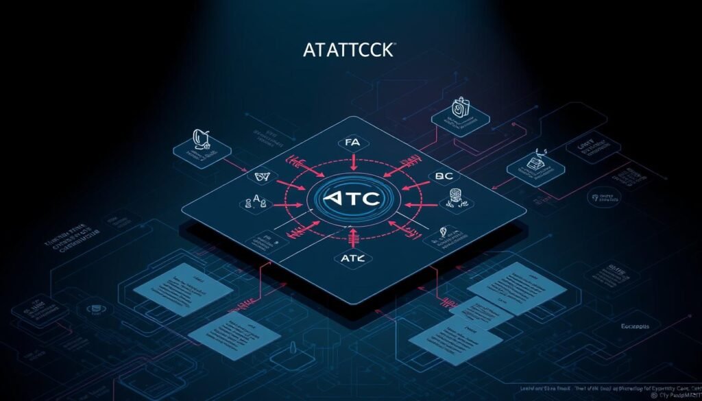Detailed and technical blueprint of the MITRE ATT&CK Framework, showcasing its comprehensive structure and defensive strategies. A sleek, minimalist design with a dark, sophisticated color palette, featuring interconnected nodes, arrows, and cybersecurity symbols against a dimly lit, high-tech backdrop. Precise, isometric perspective with crisp, clean lines, conveying the framework's methodical and analytical nature. Subtle ambient lighting creates depth and highlights the intricate details, while a sense of depth and dimensionality imbues the image with a sense of gravitas and importance. An authoritative, visually striking depiction of the MITRE ATT&CK Framework that effectively communicates its purpose and significance.