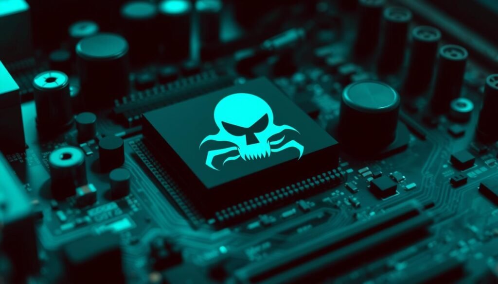 a close-up view of a computer motherboard, with various electronic components and circuit traces visible. the motherboard is illuminated by a soft, bluish-green lighting, casting deep shadows and highlights that accentuate the intricate details. in the foreground, a stylized symbol or icon representing a rootkit is prominently displayed, with a dark, ominous presence. the background is slightly blurred, hinting at the invisible and stealthy nature of rootkits as they burrow deep into a computer's systems.