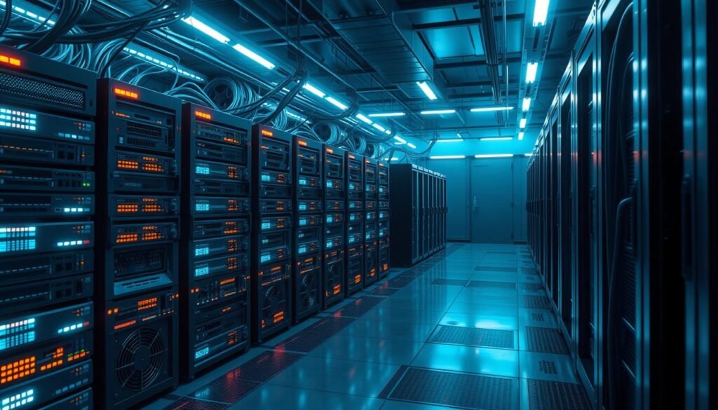 a highly detailed, hyper-realistic digital illustration of a secure computer network system, with a focus on multiple interconnected servers, routers, and firewalls in a server room setting. The foreground features sleek, modern networking hardware with glowing status lights and cooling fans, arranged in a visually striking layout. The middle ground showcases intricate cabling, power supplies, and diagnostic displays, all bathed in a cool, blue-tinted lighting scheme that conveys a sense of technological sophistication. The background depicts a dimly lit, minimalist interior with steel surfaces and subtle reflections, creating an atmosphere of high-security and data protection. The overall composition emphasizes the complexity, reliability, and robustness of an enterprise-grade network infrastructure designed to safeguard sensitive information.