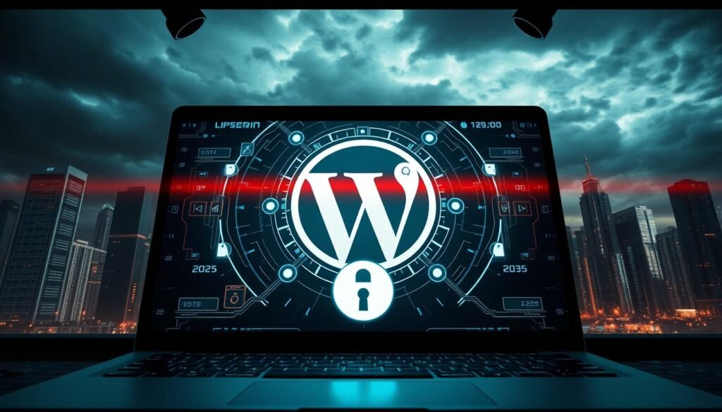a highly detailed, photorealistic digital illustration of a secure WordPress website, viewed from a low angle. The foreground features a laptop displaying the WordPress logo, with a padlock icon and security elements overlaying the screen. The middle ground showcases a large WordPress emblem, surrounded by intricate security icons, firewalls, and encrypted data streams. The background depicts a futuristic cityscape, with skyscrapers and a cloudy, moody sky, emphasizing the importance of WordPress security in the modern digital landscape. The lighting is dramatic, with a mixture of directional spotlights and ambient glow, creating a sense of technological sophistication and urgency. The overall composition conveys the critical need for robust WordPress security measures in the year 2025.