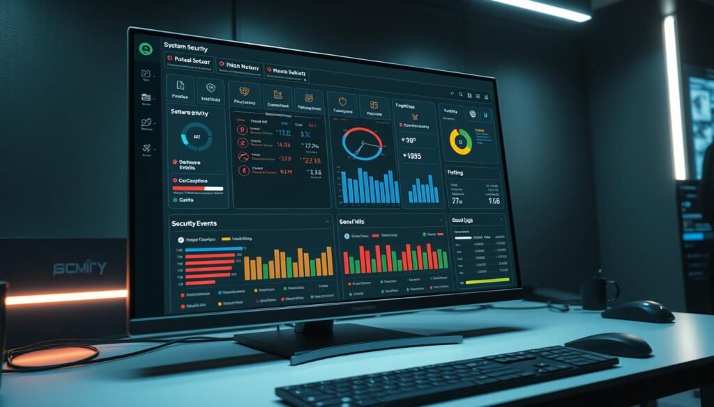 a sleek, modern computer desktop with a large, high-resolution display showcasing a comprehensive system security dashboard. The dashboard features various real-time metrics and status indicators, such as network traffic, firewall activity, software update statuses, and security event logs. The overall layout is clean, intuitive, and color-coded to quickly convey the system's security posture. Soft, directional lighting illuminates the scene, creating a sense of professionalism and technical authority. The camera angle is slightly elevated, providing an immersive, bird's-eye view of the security monitoring interface, emphasizing its importance and functionality. a sleek, modern computer desktop with a large, high-resolution display showcasing a comprehensive system security dashboard. The dashboard features various real-time metrics and status indicators, such as network traffic, firewall activity, software update statuses, and security event logs. The overall layout is clean, intuitive, and color-coded to quickly convey the system's security posture. Soft, directional lighting illuminates the scene, creating a sense of professionalism and technical authority. The camera angle is slightly elevated, providing an immersive, bird's-eye view of the security monitoring interface, emphasizing its importance and functionality.