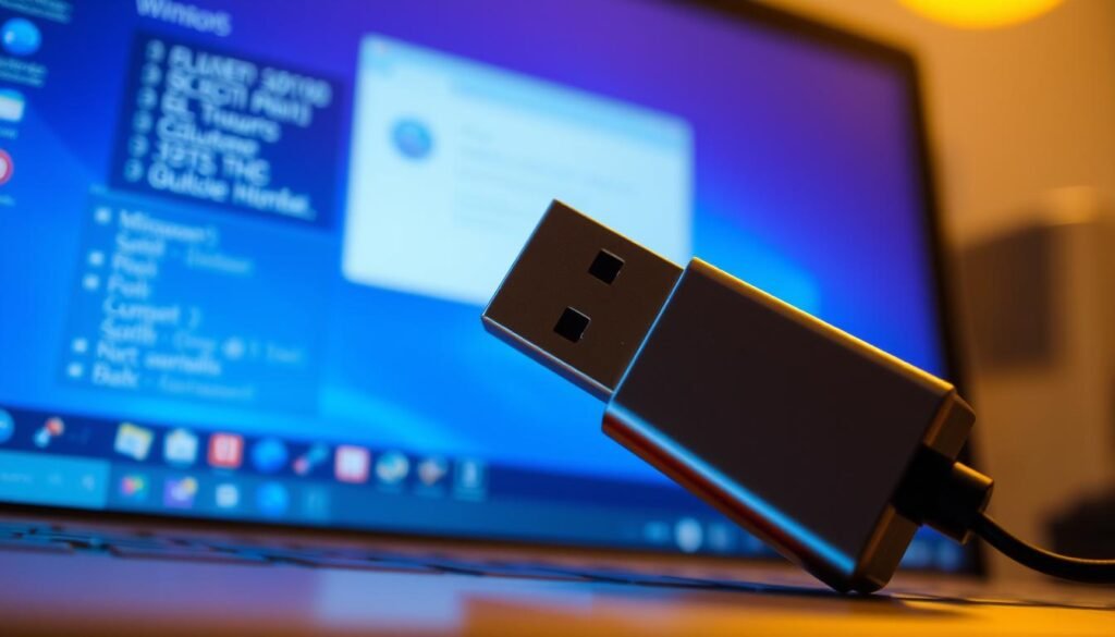 A USB drive against a backdrop of a computer screen, illuminated by a soft, warm light. The USB drive is prominently displayed, its sleek metal casing reflecting the screen's glow. The screen displays a Windows desktop, with various windows and applications open, hinting at the potential for malware spread through removable media. The scene conveys a sense of technical detail and cybersecurity vulnerability, capturing the essence of the article's subject matter.