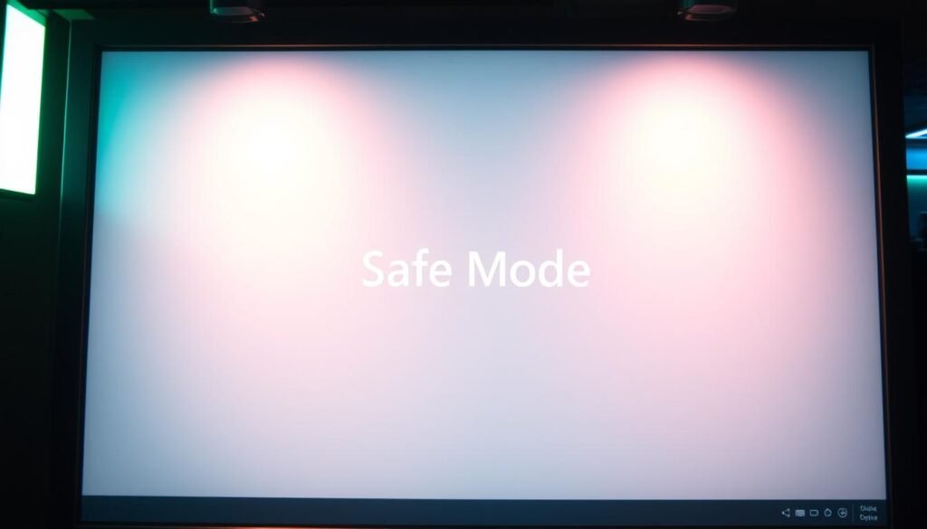A Windows desktop in safe mode, with a soft, ambient lighting illuminating a simple, minimalist interface. The screen displays the classic "Safe Mode" text in the center, rendered in a clean, neutral font against a muted, slightly desaturated background. The overall tone is one of stability, reassurance, and focus, conveying the sense of a secure environment for troubleshooting and diagnostics.
