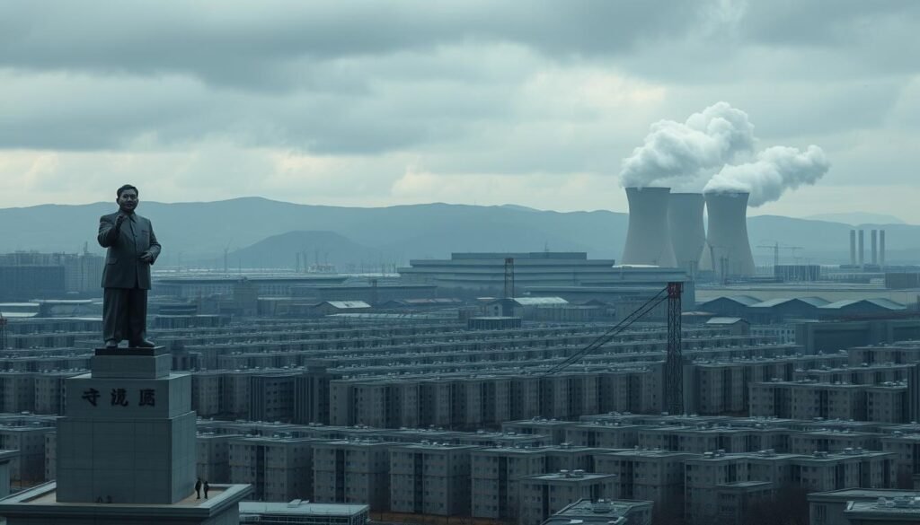 A bleak, industrial cityscape of North Korea's capital, Pyongyang, under a somber, overcast sky. The foreground features a towering statue of Kim Il-sung, the country's founding leader, cast in an ominous, authoritarian light. In the middle ground, rows of uniform, gray apartment blocks and government buildings stretch into the distance, devoid of human activity. The background is dominated by a nuclear power plant, its cooling towers billowing thick plumes of smoke, symbolizing the nation's pursuit of nuclear capabilities. The scene conveys a sense of isolation, control, and the weight of a repressive regime.