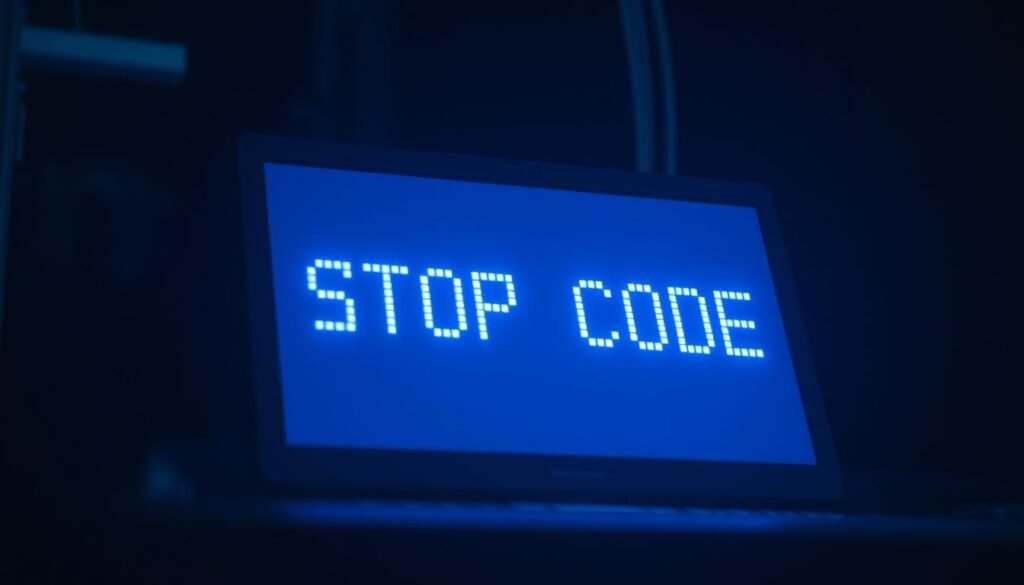 A blue-tinted digital display, illuminated by a dim, harsh light, showcasing a technical stop code against a dark, moody backdrop. The code appears in a crisp, monospaced font, its numeric and alphanumeric characters standing out in stark contrast. The screen is slightly tilted, creating a sense of urgency and the need for diagnosis. The overall scene conveys a sense of technical complexity and the challenge of troubleshooting a system failure.
