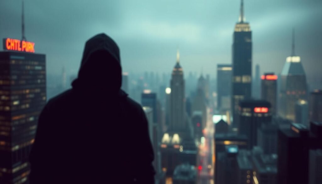 A blurred cityscape of a bustling metropolis, with towering skyscrapers in the background. In the foreground, a shadowy figure stands tall, their face obscured, representing the unseen influence of organizations on the digital landscape. The scene is dimly lit, with a sense of unease and uncertainty, reflecting the complex and far-reaching impact of cyber activism. The overall atmosphere conveys a sense of power, control, and the need for vigilance in the face of the unpredictable nature of online threats.