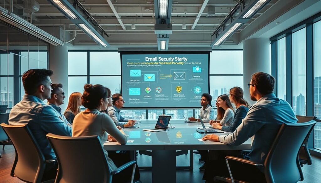 A bright, modern office setting with a large conference table and chairs. In the foreground, a group of diverse professionals engaged in a lively email security training session, their faces attentive and engaged. Crisp lighting from overhead fixtures casts a professional ambiance, while a large projection screen displays informative slides on email best practices and cybersecurity. The middle ground features stylized icons and infographics illustrating email threats and protective measures. In the background, floor-to-ceiling windows offer a scenic cityscape view, reinforcing the corporate environment. An atmosphere of collaboration and learning pervades the scene, capturing the essence of an effective email security training program.