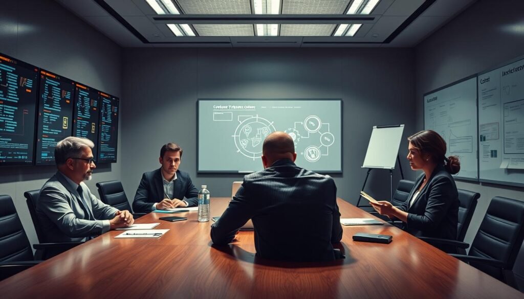 A brightly lit conference room with a large table. Around it, several figures sit engaged in discussion - a CIO in a sharp suit, a cybersecurity manager in a casual button-down, an IT operations lead with a laptop, and a legal counsel taking notes. Their expressions are serious yet focused, reflecting the gravity of the situation they're addressing. The room's walls are adorned with status screens and whiteboards, conveying a sense of urgency and the need for rapid, coordinated action. Indirect lighting casts dramatic shadows, creating an atmosphere of intensity and purpose as these key stakeholders collaborate to respond to the critical security incident. A brightly lit conference room with a large table. Around it, several figures sit engaged in discussion - a CIO in a sharp suit, a cybersecurity manager in a casual button-down, an IT operations lead with a laptop, and a legal counsel taking notes. Their expressions are serious yet focused, reflecting the gravity of the situation they're addressing. The room's walls are adorned with status screens and whiteboards, conveying a sense of urgency and the need for rapid, coordinated action. Indirect lighting casts dramatic shadows, creating an atmosphere of intensity and purpose as these key stakeholders collaborate to respond to the critical security incident.