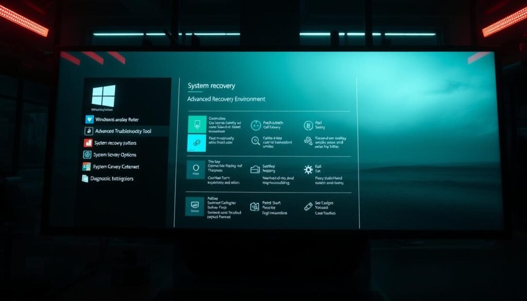 A brightly lit, expansive Windows Recovery Environment interface displayed on a high-resolution, high-contrast screen. The foreground showcases a clean, intuitive dashboard with various tiles and icons representing advanced troubleshooting tools, system recovery options, and diagnostic utilities. The middle ground features a serene, muted backdrop, hinting at the calm and control needed to navigate this environment. The overall atmosphere conveys a sense of professionalism, authority, and technical expertise, guiding the user towards resolving their system issues.