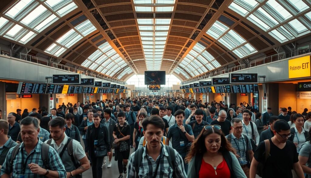 A bustling airport terminal, passengers hurriedly navigating the crowds. In the foreground, a diverse group of travelers—businesspeople, families, and solo adventurers—moving with a sense of purpose, their faces a mix of anticipation and concern. The middle ground features rows of departure gates, their digital displays flashing flight information. Overhead, the high ceilings are bathed in the warm glow of natural light filtering through skylights, creating a calming ambiance. In the background, airport staff assist harried customers, their uniforms crisp and professional, conveying a sense of order amidst the chaos. The overall atmosphere is one of cautious resilience, as passengers adapt to the challenges faced by the airline industry. A bustling airport terminal, passengers hurriedly navigating the crowds. In the foreground, a diverse group of travelers—businesspeople, families, and solo adventurers—moving with a sense of purpose, their faces a mix of anticipation and concern. The middle ground features rows of departure gates, their digital displays flashing flight information. Overhead, the high ceilings are bathed in the warm glow of natural light filtering through skylights, creating a calming ambiance. In the background, airport staff assist harried customers, their uniforms crisp and professional, conveying a sense of order amidst the chaos. The overall atmosphere is one of cautious resilience, as passengers adapt to the challenges faced by the airline industry.