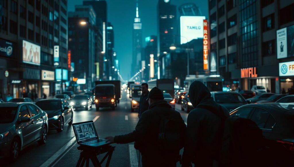 A bustling city street at night, with cars, trucks, and pedestrians moving through the urban landscape. In the foreground, a team of hackers huddles around a laptop, analyzing the network traffic and intercepting mobile device communications. The scene is bathed in a cool blue hue from the laptop's screen, creating an intense, technological atmosphere. In the middle ground, streetlights cast long shadows, and the distant glow of skyscrapers and neon signs creates a moody, cyberpunk ambiance. The background is filled with the blurred silhouettes of vehicles and the faint outlines of buildings, suggesting the scale and complexity of the urban environment.