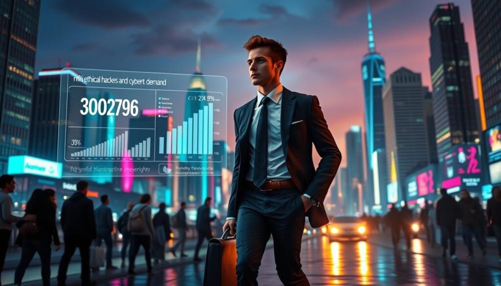 A bustling cityscape at dusk, with towering skyscrapers and a vibrant neon-lit skyline. In the foreground, a young professional in a crisp, tailored suit strides purposefully, laptop bag in hand, exuding confidence and determination. The middle ground features a holographic display showcasing statistics and graphs, illustrating the rapid growth and high demand for ethical hackers and cybersecurity experts. In the background, a silhouetted crowd of people, each representing the diverse career opportunities in the field of ethical hacking and cybersecurity. The scene is illuminated by a warm, golden light, conveying a sense of opportunity, innovation, and the promise of a thriving, future-focused career. A bustling cityscape at dusk, with towering skyscrapers and a vibrant neon-lit skyline. In the foreground, a young professional in a crisp, tailored suit strides purposefully, laptop bag in hand, exuding confidence and determination. The middle ground features a holographic display showcasing statistics and graphs, illustrating the rapid growth and high demand for ethical hackers and cybersecurity experts. In the background, a silhouetted crowd of people, each representing the diverse career opportunities in the field of ethical hacking and cybersecurity. The scene is illuminated by a warm, golden light, conveying a sense of opportunity, innovation, and the promise of a thriving, future-focused career.