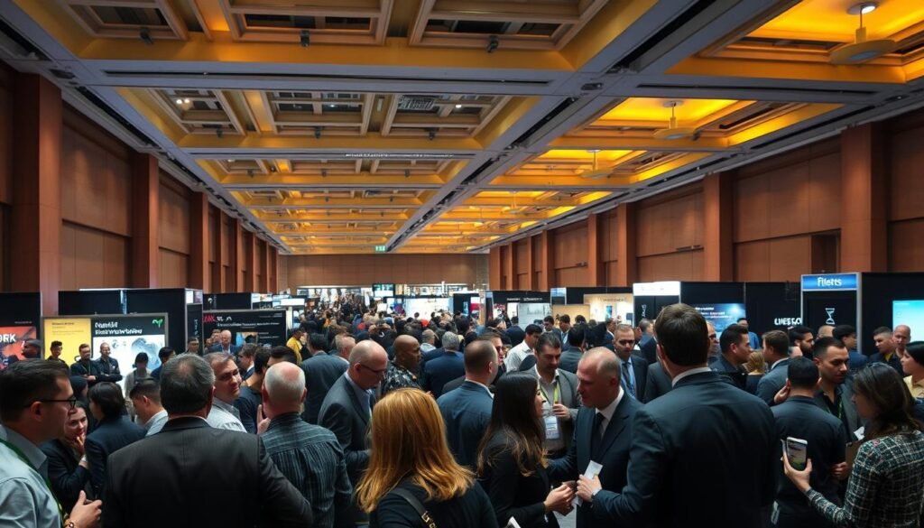 A bustling cybersecurity conference, the air abuzz with animated discussions. In the foreground, a group of professionals in business attire engaged in lively networking, exchanging business cards and swapping insights. The middle ground reveals a diverse array of attendees, some deep in conversation, others browsing exhibition booths showcasing the latest security technologies. Overhead, the venue's high ceilings are illuminated by warm, focused lighting, casting a professional, collaborative atmosphere. The scene evokes a sense of camaraderie and knowledge-sharing, as the cybersecurity community comes together to learn, connect, and explore new opportunities. A bustling cybersecurity conference, the air abuzz with animated discussions. In the foreground, a group of professionals in business attire engaged in lively networking, exchanging business cards and swapping insights. The middle ground reveals a diverse array of attendees, some deep in conversation, others browsing exhibition booths showcasing the latest security technologies. Overhead, the venue's high ceilings are illuminated by warm, focused lighting, casting a professional, collaborative atmosphere. The scene evokes a sense of camaraderie and knowledge-sharing, as the cybersecurity community comes together to learn, connect, and explore new opportunities.