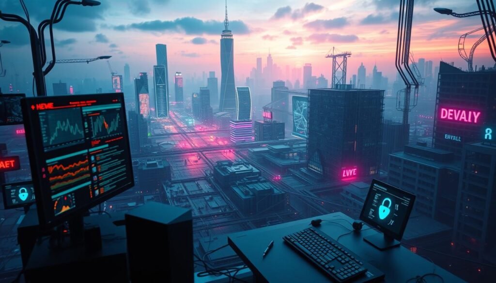 A bustling cybersecurity landscape, bathed in a cool, neon-tinged glow. In the foreground, a sleek, high-tech workstation with multiple displays showcasing real-time data and threat analysis. Across the middle ground, a network of interconnected devices and systems, pulsing with encrypted signals. In the background, a towering cityscape of modern architecture, hinting at the vast scale and complexity of the digital world. The scene conveys a sense of urgency, innovation, and the growing importance of skilled cybersecurity professionals in an increasingly connected and vulnerable landscape.