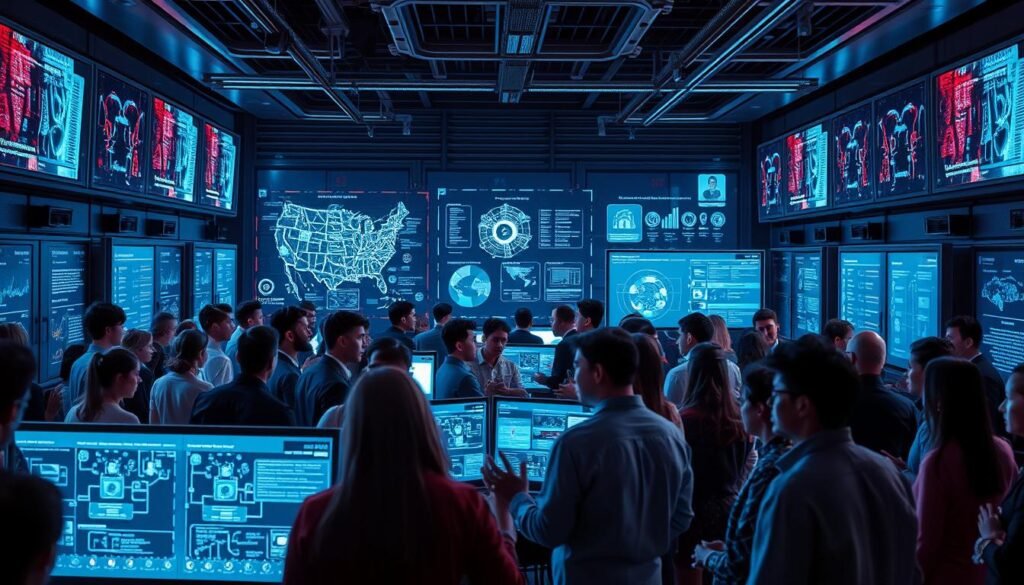 A bustling cybersecurity networking community, illuminated by the soft glow of computer screens and holographic displays. In the foreground, a diverse group of professionals engages in lively discussions, hands gesturing animatedly as they exchange ideas and strategies. The middle ground features a series of interactive visualizations, intricate network diagrams, and real-time threat monitoring dashboards, showcasing the analytical prowess of the community. In the background, a sleek, futuristic backdrop of gleaming metal and holographic panels creates an atmosphere of technological sophistication and innovation. Subtle lighting casts dramatic shadows, lending an air of intensity and focus to the scene. The overall impression is one of a vibrant, collaborative, and cutting-edge cybersecurity ecosystem.