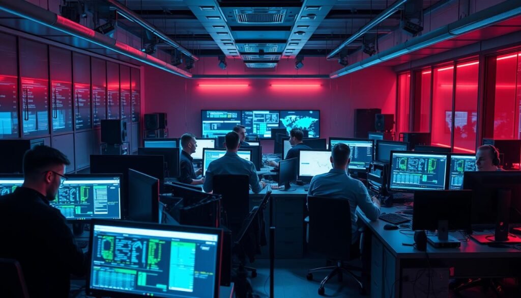 A bustling cybersecurity office, illuminated by the glow of multiple monitors. In the foreground, a team of professionals deeply engaged in their work, analyzing data, troubleshooting systems, and collaborating on innovative security solutions. The middle ground features a mix of hardware and software tools, including firewalls, intrusion detection systems, and threat intelligence dashboards. The background showcases a sleek, minimalist workspace with clean lines and a modern aesthetic, conveying a sense of efficiency and technological prowess. The overall atmosphere is one of intense focus, problem-solving, and a shared mission to protect digital assets from ever-evolving cyber threats.