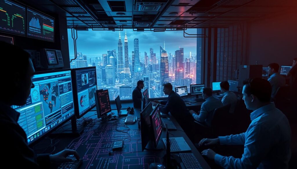 A bustling cybersecurity operations center, filled with a team of skilled professionals diligently monitoring screens and analyzing data. In the foreground, a network diagram with intricate connections and security protocols. The middle ground showcases a diverse array of threat indicators, from anomalous traffic patterns to suspicious user activities. In the background, a looming cityscape, symbolizing the ever-evolving digital landscape that demands a robust cybersecurity presence. Dramatic lighting casts shadows, creating a sense of urgency and intensity. The scene conveys the critical role of cybersecurity professionals in safeguarding vital systems and data, reflecting the growing need for their expertise.