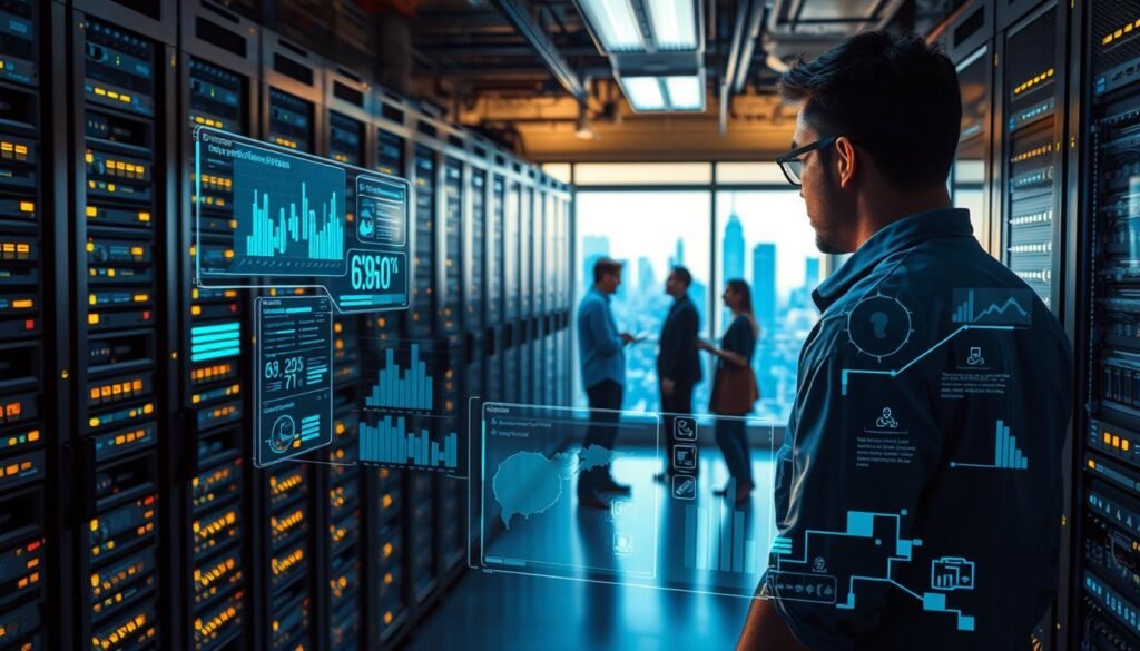 A bustling data center, its servers and racks illuminated by a warm, ambient glow. In the foreground, a network administrator intently monitors a sleek, holographic dashboard, overlaid with real-time data visualizations - bandwidth utilization, security alerts, device health. The middle ground reveals a team of IT professionals collaborating, analyzing insights and making informed decisions to optimize network performance. In the background, a panoramic window offers a view of the city skyline, symbolizing the far-reaching benefits of effective network monitoring for the business. The scene conveys a sense of technical mastery, proactive problem-solving, and the fusion of human expertise with advanced monitoring tools.