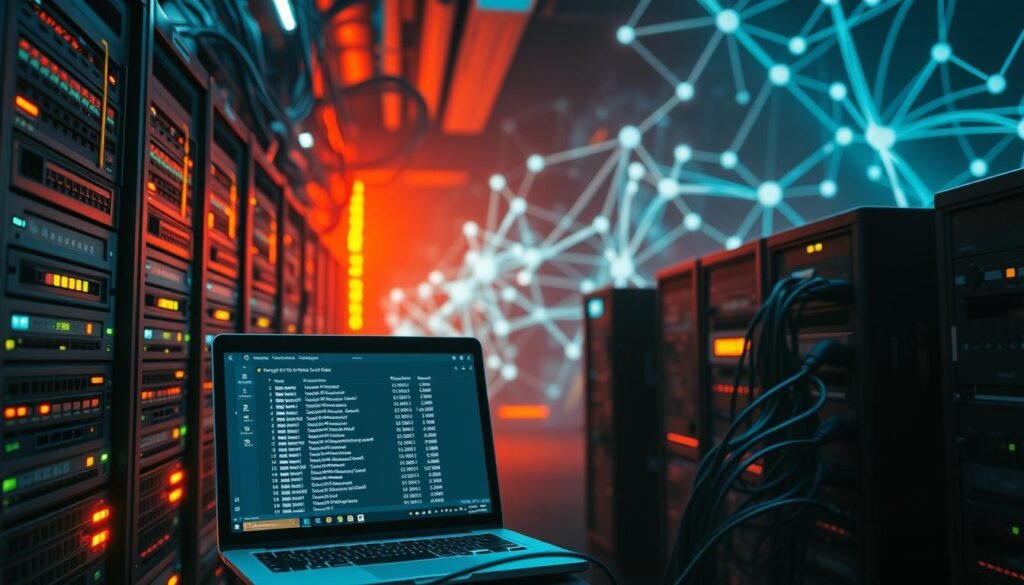 A bustling network operations center, with servers and network devices in the foreground, their cables and ports illuminated by warm, focused lighting. In the middle ground, a laptop screen displays a terminal window with active file transfers, the progress bars and transfer speeds visible. The background features an abstract representation of network topology, with flowing lines and nodes depicting the ebb and flow of data. The overall scene conveys the reliability, speed, and flexibility of Netcat for secure, cross-platform file transfers over TCP and UDP protocols. A bustling network operations center, with servers and network devices in the foreground, their cables and ports illuminated by warm, focused lighting. In the middle ground, a laptop screen displays a terminal window with active file transfers, the progress bars and transfer speeds visible. The background features an abstract representation of network topology, with flowing lines and nodes depicting the ebb and flow of data. The overall scene conveys the reliability, speed, and flexibility of Netcat for secure, cross-platform file transfers over TCP and UDP protocols.