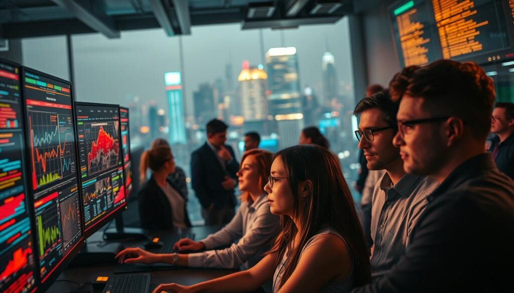 A bustling office scene, illuminated by warm, ambient lighting. In the foreground, a group of professionals intently monitoring a series of screens, their expressions focused and determined. Colorful network diagrams, real-time data visualizations, and cascading lines of code adorn the displays, reflecting the critical nature of their work. In the middle ground, colleagues collaborate, sharing insights and strategizing, while the background reveals a panoramic view of the city skyline, emphasizing the scale and importance of the task at hand. Subtle shadows and depth of field draw the viewer's attention to the central figures, showcasing the dedicated individuals who ensure the smooth operation of the organization's digital infrastructure.
