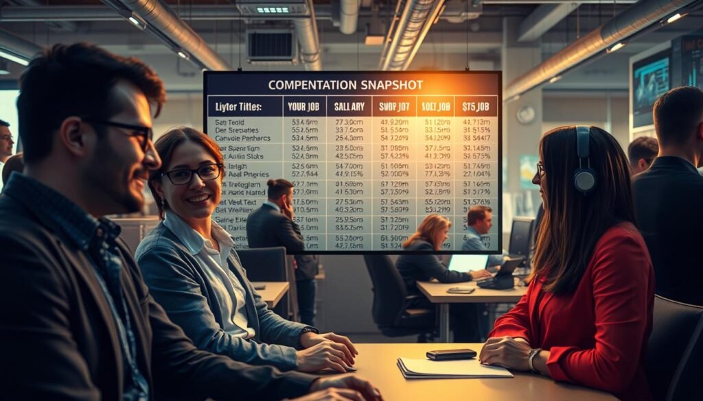 A bustling office scene, showcasing a vibrant workspace filled with diverse professionals. In the foreground, a trio of individuals engaged in a lively discussion, their expressions reflecting the dynamic nature of the workplace. In the middle ground, a large display board showcases various job titles and corresponding salary ranges, highlighting the earning potential within the industry. The background is softly illuminated, creating a warm and inviting atmosphere, with the overall composition conveying a sense of progress, opportunity, and the rewarding nature of the field. The image should be captured with a wide-angle lens, emphasizing the depth and scale of the environment, while maintaining a sharp focus on the key elements that convey the "Compensation Snapshot" theme.