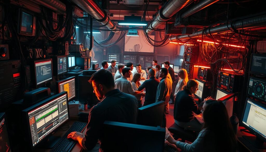 A bustling tech office, illuminated by the warm glow of computer monitors. In the foreground, a team of engineers huddled around a central workstation, scrutinizing live data feeds and troubleshooting dashboards. Their expressions, a mix of focus and determination, as they rapidly assess the scope and severity of a critical website incident. In the middle ground, a larger group collaborates, sharing information and coordinating response efforts. The background reveals a sprawling network infrastructure, cables snaking across the room, creating a sense of urgency and complexity. Lighting is a balanced combination of direct and ambient, casting dramatic shadows that accentuate the technical details. The overall atmosphere conveys a sense of rapid, high-stakes problem-solving, as the team works to swiftly stabilize the situation and restore normal operations. A bustling tech office, illuminated by the warm glow of computer monitors. In the foreground, a team of engineers huddled around a central workstation, scrutinizing live data feeds and troubleshooting dashboards. Their expressions, a mix of focus and determination, as they rapidly assess the scope and severity of a critical website incident. In the middle ground, a larger group collaborates, sharing information and coordinating response efforts. The background reveals a sprawling network infrastructure, cables snaking across the room, creating a sense of urgency and complexity. Lighting is a balanced combination of direct and ambient, casting dramatic shadows that accentuate the technical details. The overall atmosphere conveys a sense of rapid, high-stakes problem-solving, as the team works to swiftly stabilize the situation and restore normal operations.
