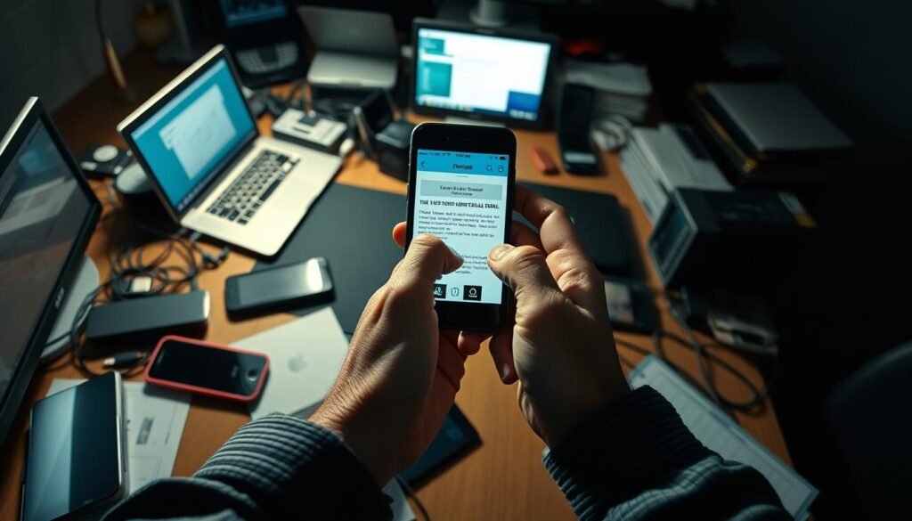 A busy office desk, cluttered with phones, laptops, and cables, is the backdrop for a narrative of digital deception. In the foreground, an elderly person's hands hold a smartphone, the screen displaying an enticing email claiming a sudden windfall. The lighting is harsh, casting long shadows that suggest an ominous atmosphere. The camera angle is slightly low, emphasizing the vulnerability of the subject. The overall mood evokes a sense of unease, as the viewer is drawn into the moment where the unsuspecting user is tempted by the allure of easy money, unaware of the impending digital trap. A busy office desk, cluttered with phones, laptops, and cables, is the backdrop for a narrative of digital deception. In the foreground, an elderly person's hands hold a smartphone, the screen displaying an enticing email claiming a sudden windfall. The lighting is harsh, casting long shadows that suggest an ominous atmosphere. The camera angle is slightly low, emphasizing the vulnerability of the subject. The overall mood evokes a sense of unease, as the viewer is drawn into the moment where the unsuspecting user is tempted by the allure of easy money, unaware of the impending digital trap.