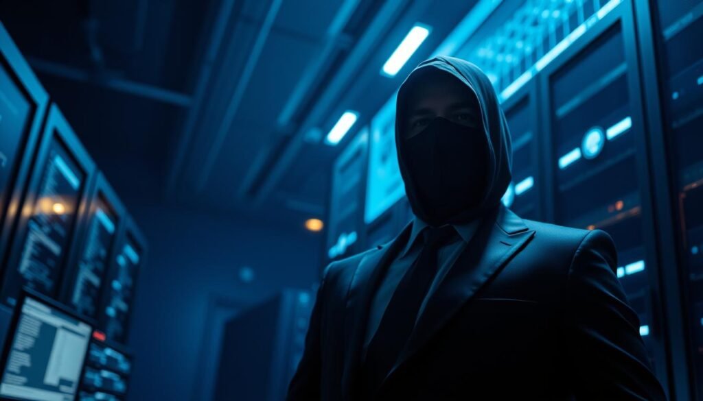 A certified ethical hacker, dressed in a sleek black suit and tie, stands confidently against a backdrop of a dimly lit, high-tech data center. The scene is illuminated by the soft glow of computer monitors and the faint blue hue of holographic displays. The hacker's face is partially obscured by the shadow, adding an air of mystery and professionalism. The camera angle is slightly low, emphasizing the hacker's authority and expertise. The overall atmosphere conveys a sense of seriousness, skill, and a deep understanding of the complexities of cybersecurity.