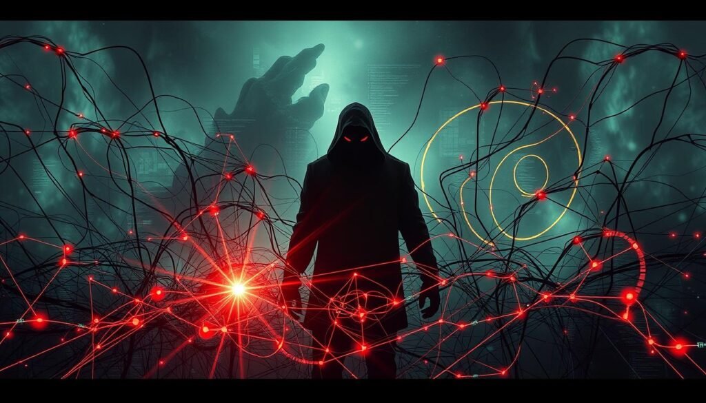 A chaotic network of interconnected nodes, pulsing with a frenetic rhythm of data packets. In the foreground, a tangled web of lines and curves representing the ebb and flow of DDoS traffic, with bursts of color denoting the intensity of the assault. The middle ground is dominated by a shadowy silhouette of a malicious entity, its sinister presence looming over the scene. The background is a swirling, abstract landscape of digital noise, with glitching and distortion adding to the sense of digital mayhem. The overall image conveys a sense of urgency, threat, and the relentless nature of modern cyber attacks.